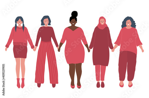 Women are holding hands. International Women's Day concept. Women's community. Female solidarity.Women silhouettes of different races. Vector illustration.