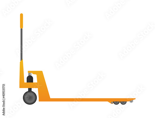Hydraulic trolley jack lift yellow color. Cargo delivery, shipping, transportation. Stock vector illustration on white isolated background.