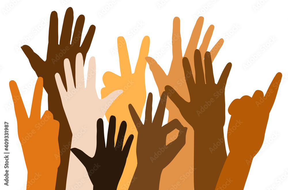 Shadows of Raised hands of different race skin color on white background. Flat Vector illustration