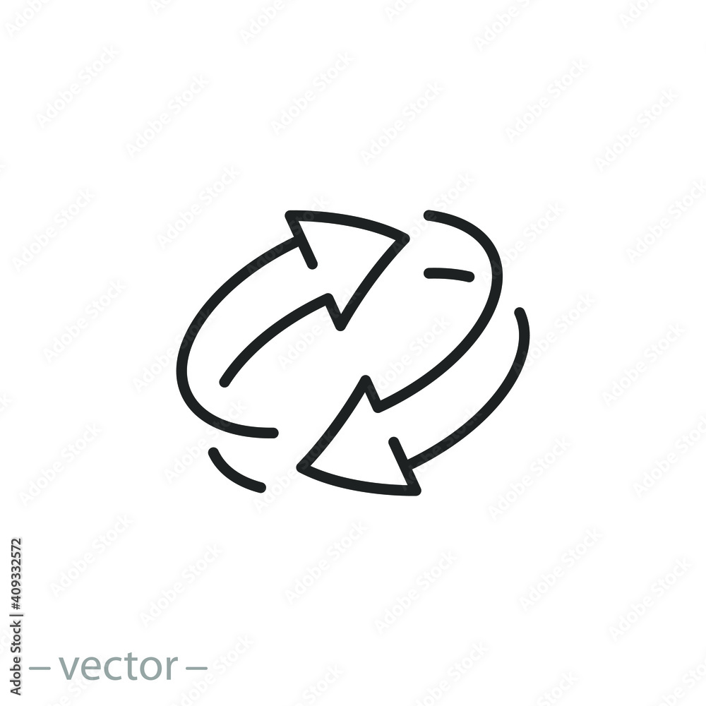 two arrow spin icon, recycle round, circle refresh or restart, thin line symbol on white