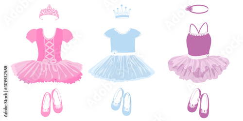 set of three children's dresses, shoes and crowns for little princesses