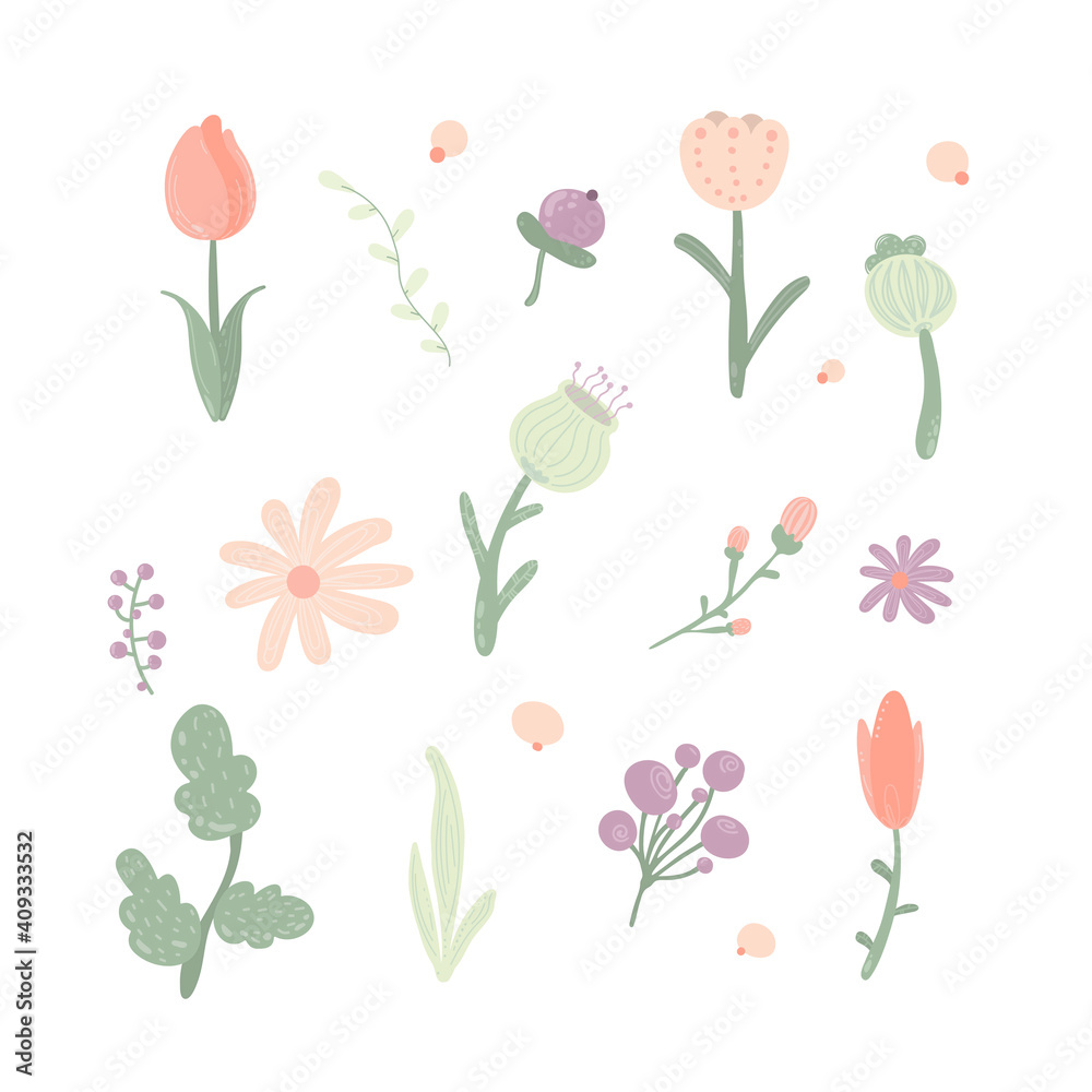 Set of hand drawn flowers and leaves. Flowers graphic design. 