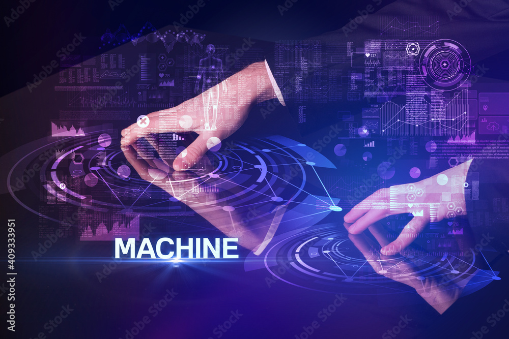 Businessman touching huge display with MACHINE inscription, modern technology concept Businessman touching huge display with MACHINE inscription, modern technology concept