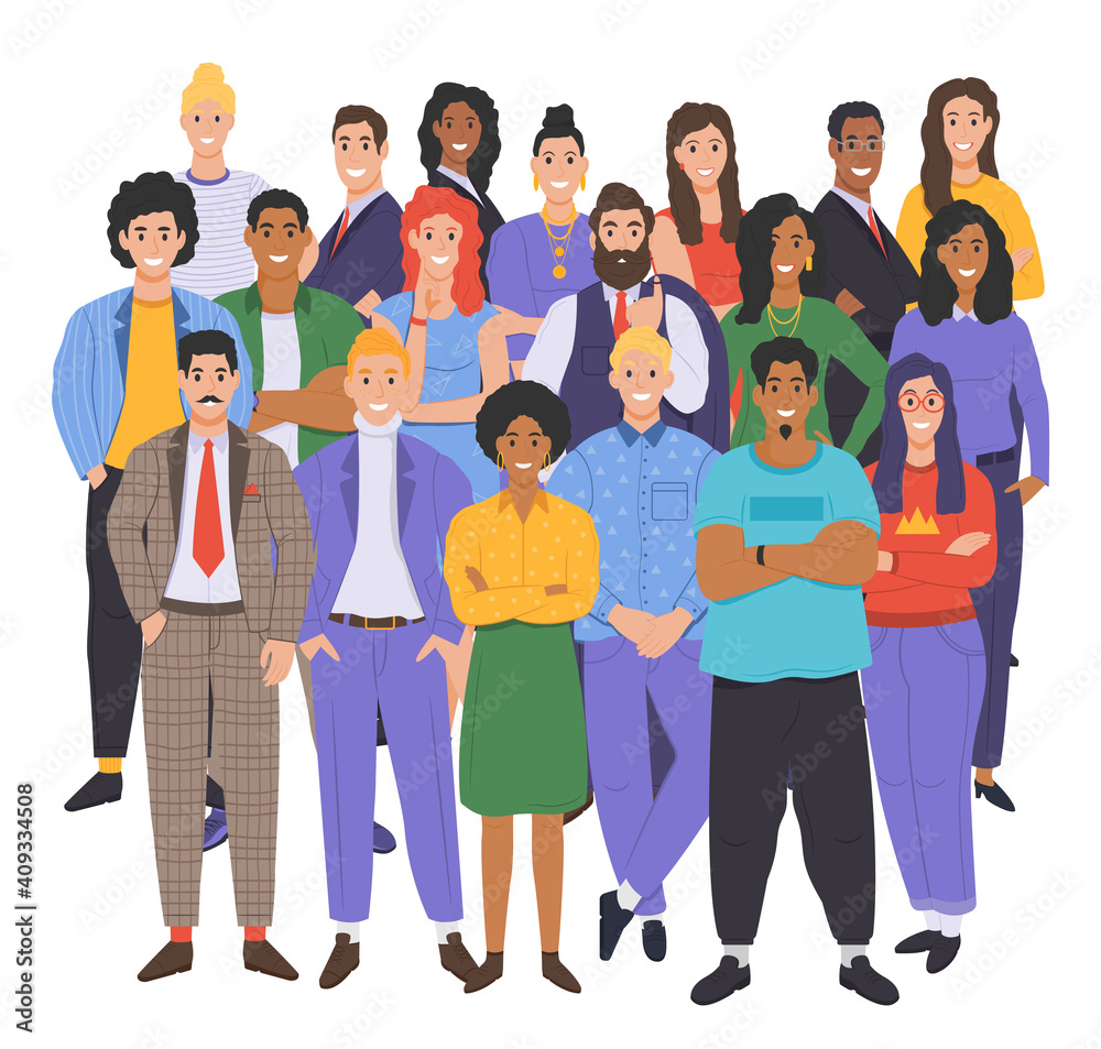 Obraz premium Multicultural group of people. People of different races and cultures. Cartoon characters set in flat design style. Vector