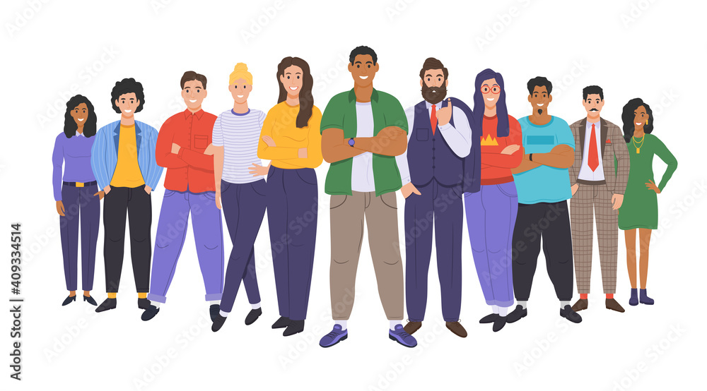 Multicultural group of people. People of different races and cultures. Cartoon characters set in flat design style. Vector