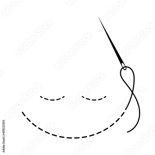 Silhouette of embroidered smile with interrupted contour and closed eyes. Vector illustration of handmade work with embroidery thread and needle on white background.	