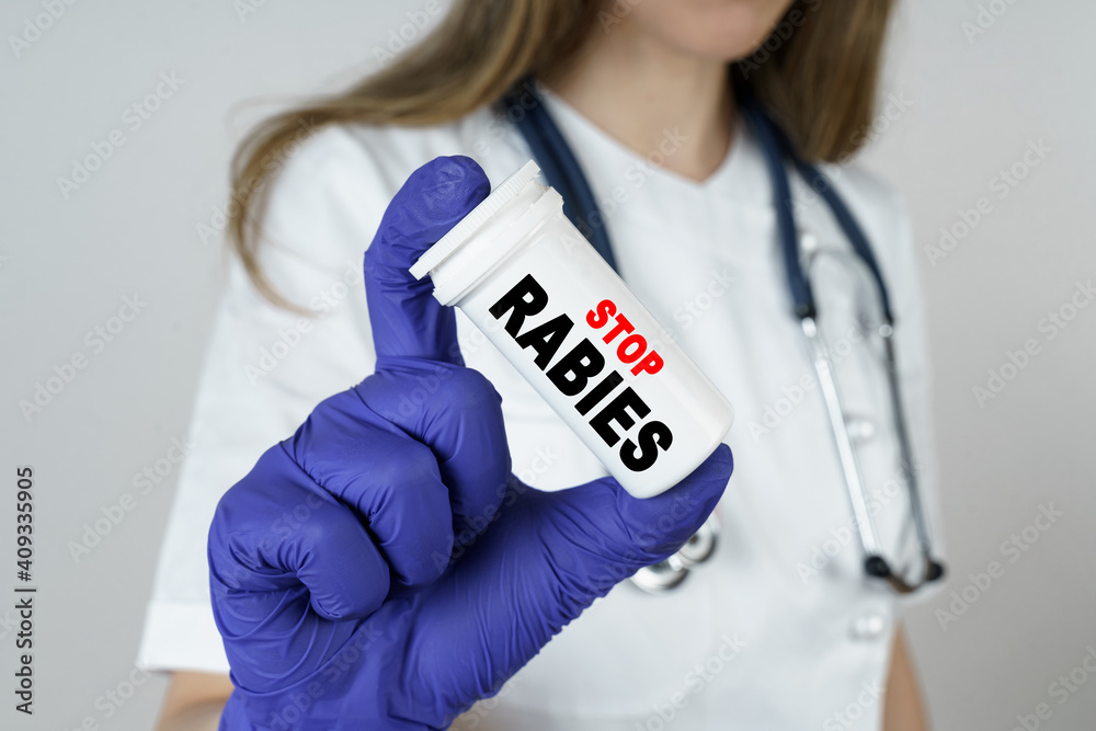 The doctor holds a medicine in his hands, which says - STOP RABIES The doctor holds a medicine in his hands, which says - STOP RABIES