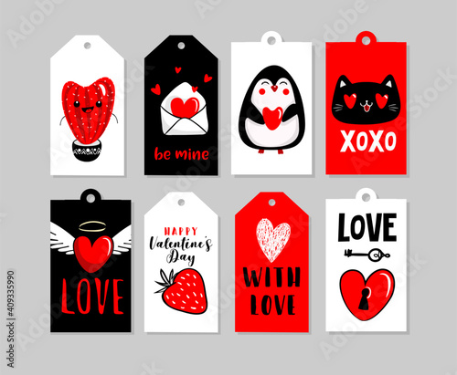 Collection of red, black, white colored Valentine s day tags and badges with lettering. Vector illustration