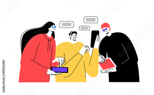Three coworkers discuss a project. Modern flat outline style. Teamwork concept.