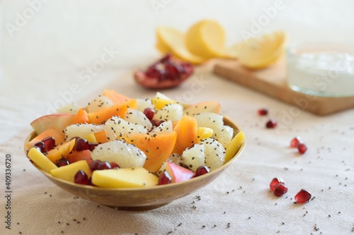 salad, persimmon, orange, pomegranate, apple, chia, food, meal, snack, healthy