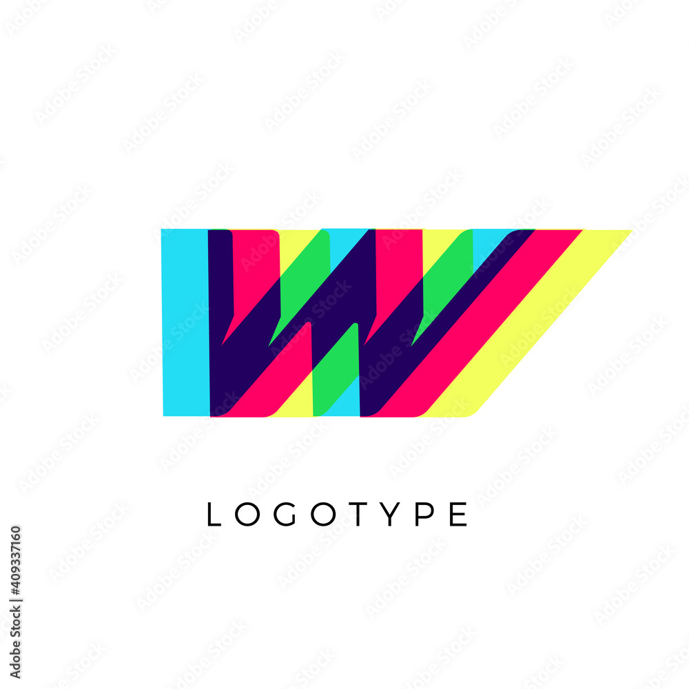 Glitch effect letter W, colored spectrum overlay effect. Vector slant symbol for cyber sport, racing, automotive and fashion branding. Vector typography design for logo and monogram