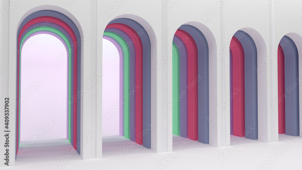 Rounded arches. Arched multi-colored openings in the wall. Architectural gallery. 3d render. Rounded arches. Arched multi-colored openings in the wall. Architectural gallery. 3d render.