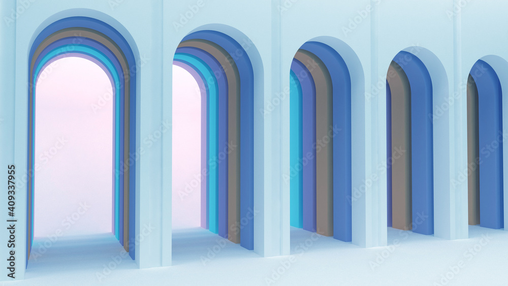 Rounded arches. Arched multi-colored openings in the wall. Architectural gallery. 3d render. Rounded arches. Arched multi-colored openings in the wall. Architectural gallery. 3d render.