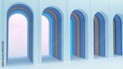 Rounded arches. Arched multi-colored openings in the wall. Architectural gallery. 3d render.