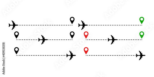 Airplane flight path to location mark. Plane route line. Tourism and travel illustration on white background