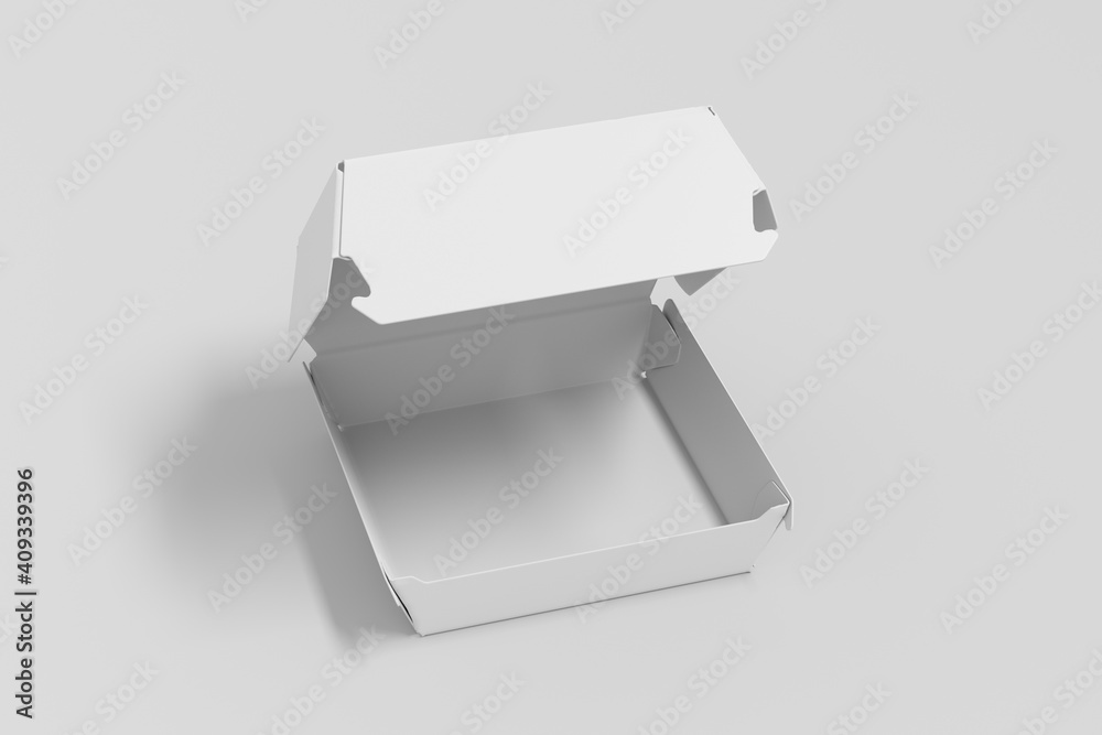 A white food box mock up, packaging for hamburger, lunch, fast food, burger and sandwich A white food box mock up, packaging for hamburger, lunch, fast food, burger and sandwich