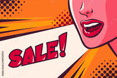 Woman's mouth talk, shout and sale speech bubble. Face close-up. Advertisement poster. Comic vector illustration on pop art background.