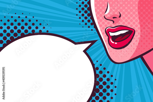Woman's mouth talking, smiling and empty speech bubble. Face close-up. Comic vector illustration on pop art background.