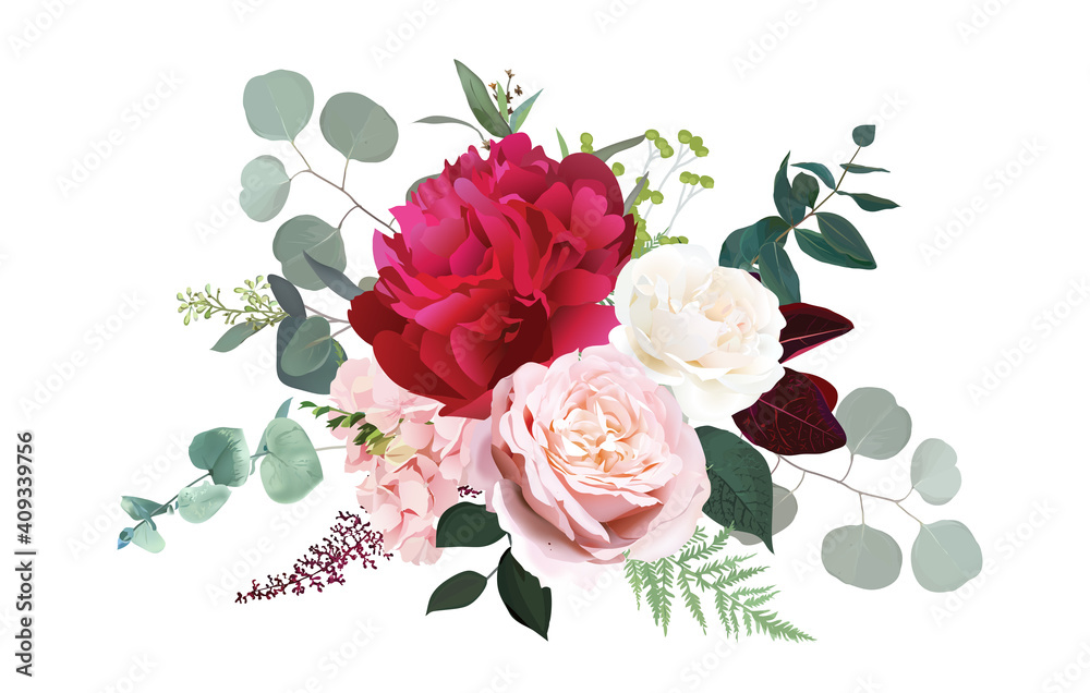 Burgundy red peony, dusty pink and ivory rose, blush hydrangea flowers