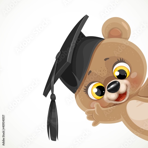 Cute cartoon baby bear in graduate hat waving hand isolated on white background