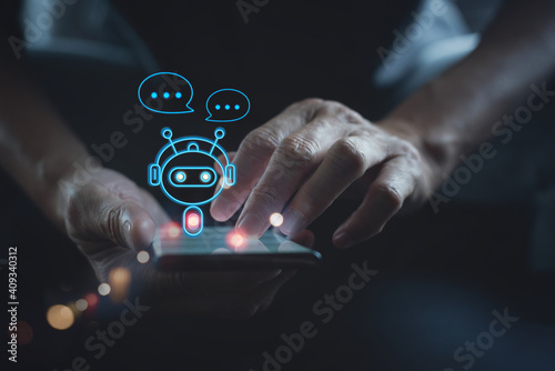 Obraz na płótnie Digital chatbot, robot application, conversation assistant, AI Artificial Intelligence, innovation and technology concept