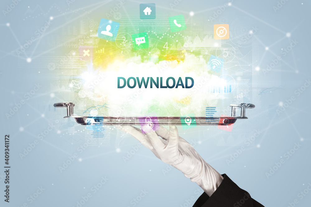 Waiter serving social networking concept with DOWNLOAD inscription Waiter serving social networking concept with DOWNLOAD inscription