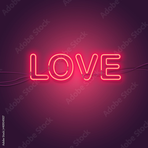 Neon realistic lettering love with red glow. Applies as a background, banner for Valentine's Day holiday.
