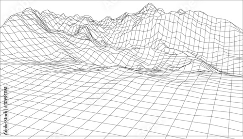 illustrator landscape. Wireframe 3D landscape mountains. 3d landscape. Digital retro landscape cyber surface. Vector illustration.