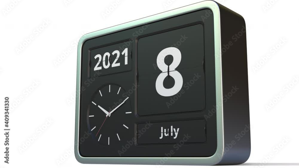 July 8 date on the flip clock calendar, 3d animation July 8 date on the flip clock calendar, 3d animation