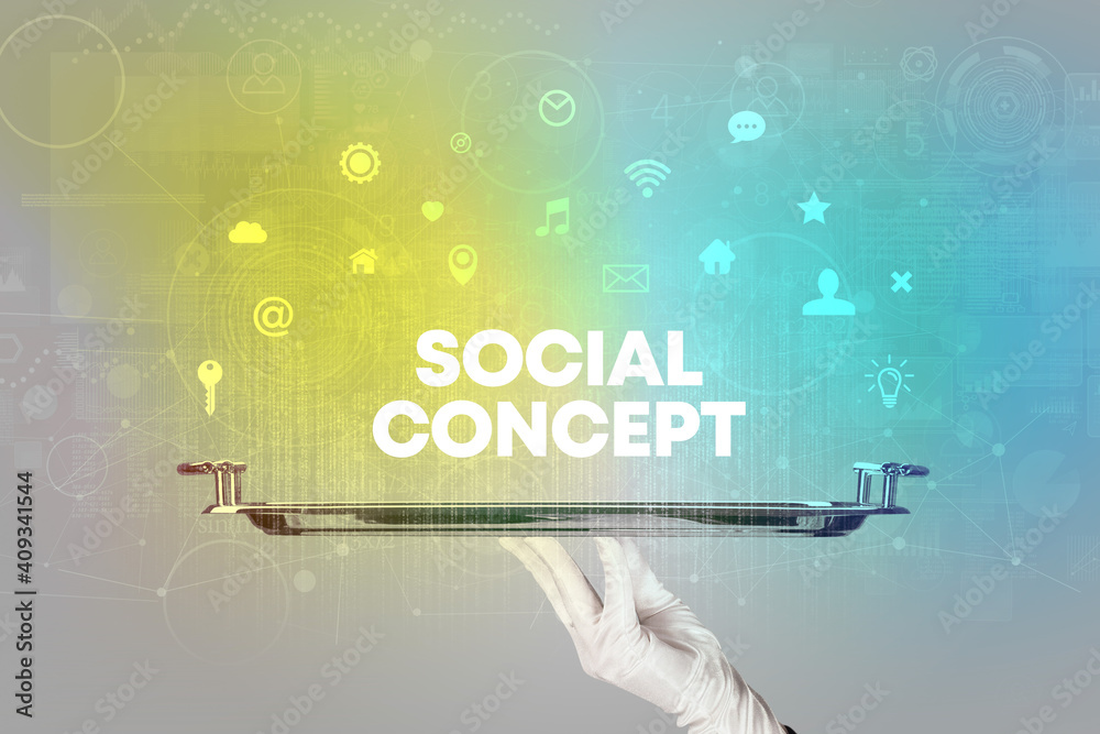Waiter serving social networking with SOCIAL CONCEPT inscription, new media concept Waiter serving social networking with SOCIAL CONCEPT inscription, new media concept