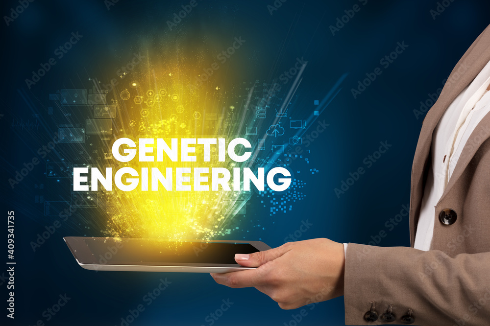 Close-up of a touchscreen with GENETIC ENGINEERING inscription, innovative technology concept
