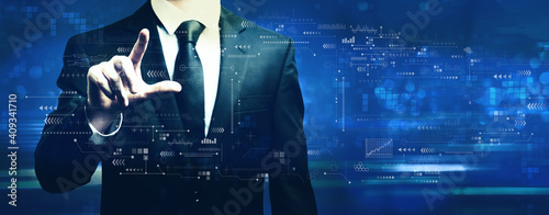 Technology screen with businessman on a dark blue background