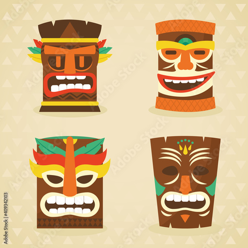 tiki mask icon set, colorful design