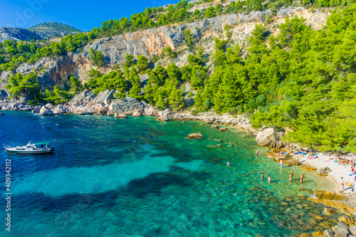 Crystalline water of Malo Zarace Beach  Hvar Island  Croatia