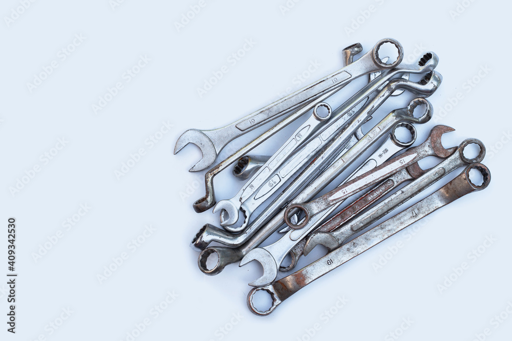 Old wrench on white background. Old wrench on white background.