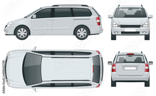 Minivan Car vector template on white background. Compact crossover, SUV, 5-door minivan car. View front, rear, side, top. photo