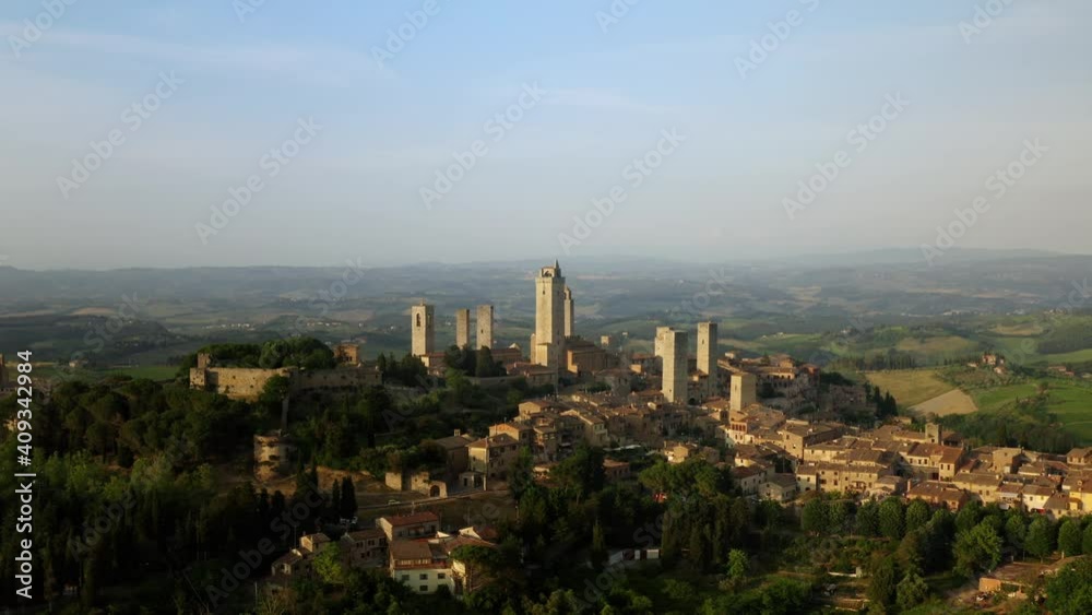 Aerial view of San Gimignano and its medieval old town with the famous towers Aerial view of San Gimignano and its medieval old town with the famous towers