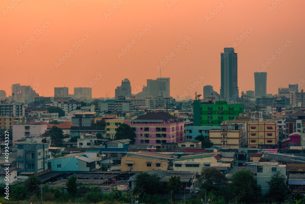 BANGKOK, THAILAND, 14 JANUARY 2020: Sunset over the urban skyline of Bangkok