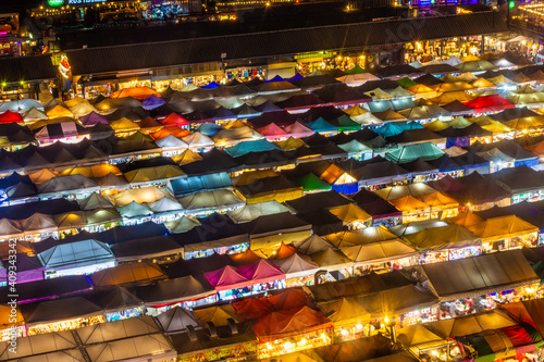 BANGKOK, THAILAND, 14 JANUARY 2020: Aerial view of the colorful Ratchada Train Night Market aby night