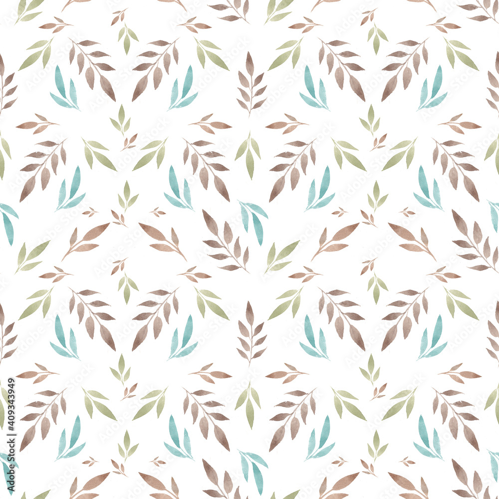 watercolor natural pattern with colorful leaves on white background