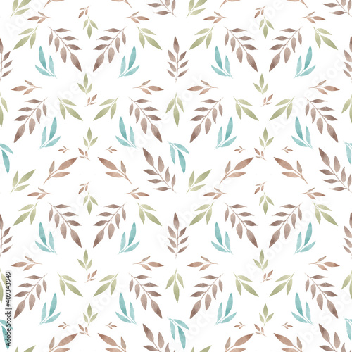 watercolor natural pattern with colorful leaves on white background