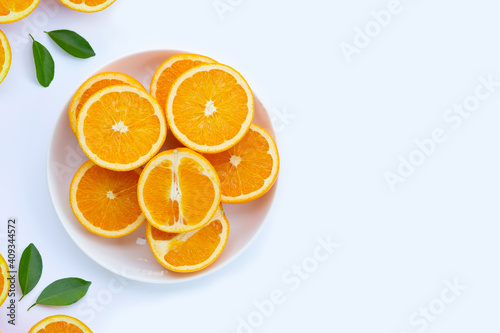 High vitamin C  Juicy and sweet. Fresh orange fruit on white background.