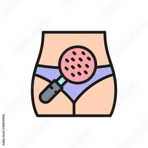 Woman body under magnifier loupe, probiotics, good bacteria color line icon.