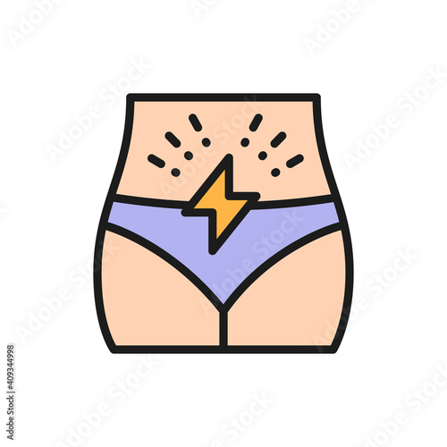 Menstrual pain, abdominal pain flat color line icon.