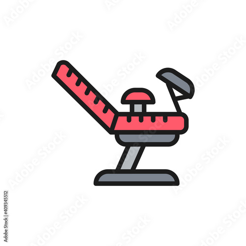 Medical gynecological chair, pregnancy flat color line icon.