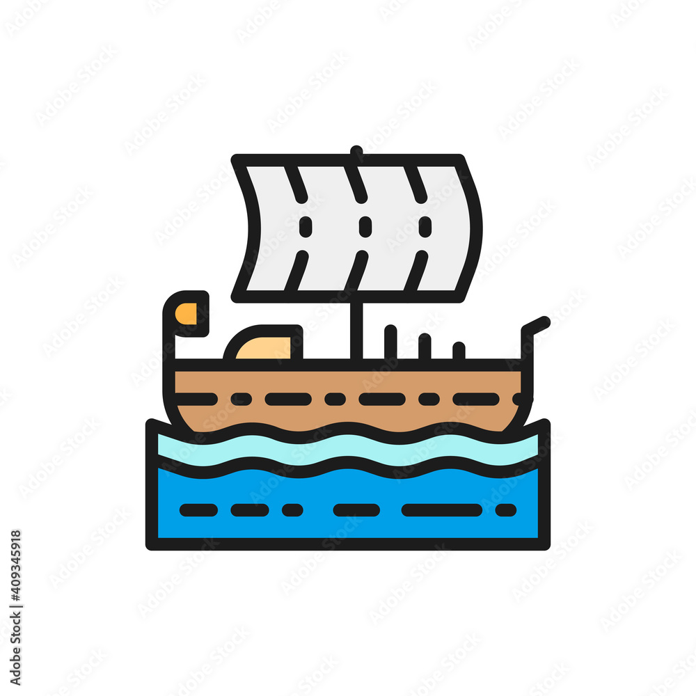 Fototapeta premium Ancient egyptian ship, boat, felucca flat color line icon.