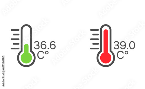 Thermometer icon with green and red indicators in flat style. Medical thermometers measuring the body temperature in normal and high degrees. Coronavirus pandemic prevention.