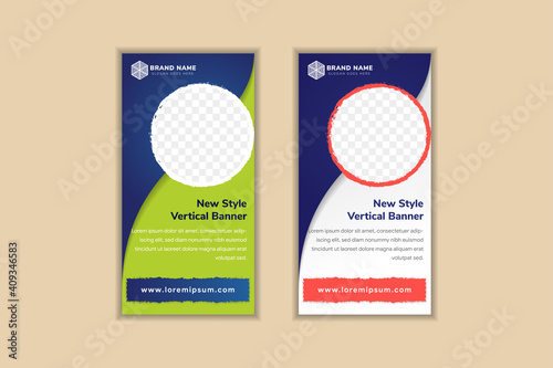 Set of New Style vertical banner with brush strokes. Circle shape for photo collage and  text. combination from green, blue and white colors. 