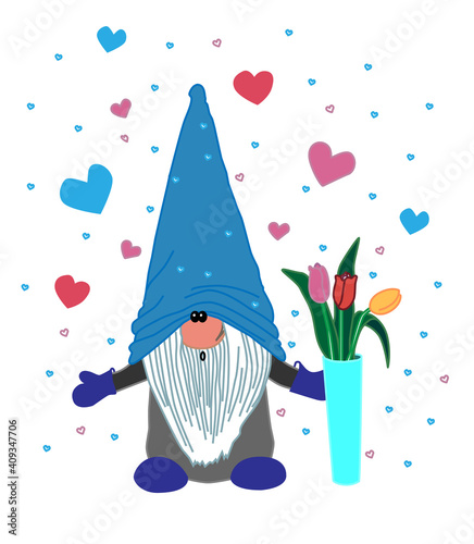 A cute loving gnome in a blue cap gives a bouquet of flowers.  Vector illustration. A funny fairy-tale character for decorating various holidays: Christmas, Valentine's Day, March 8, Easter.
