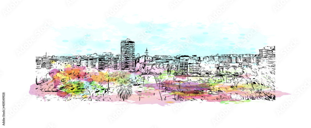 Building view with landmark of Valencia is the
city in Spain. Watercolor splash with hand drawn sketch illustration in vector.
